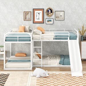 L-Shaped Bunk Bed for 4 Kids, Full and Twin Bunk Bed Frame with Slide, Short Ladder and Full-Length Guardrail, 4 in 1 Home Furniture Bedframe,Space Saving Design & No Box Spring Needed (White)