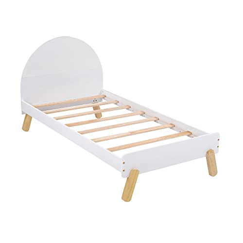 OPTOUGH Twin Size Wooden Cute Platform Bed with Curved Headboard,Bed Frame with Slat Supports and Shelf Behind Headboard for Kids Boys Girls,White