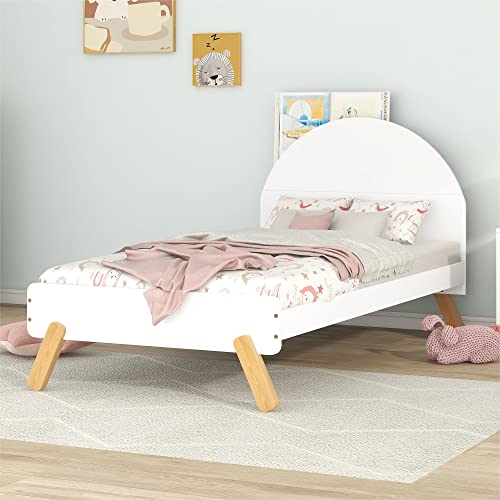 OPTOUGH Twin Size Wooden Cute Platform Bed with Curved Headboard,Bed Frame with Slat Supports and Shelf Behind Headboard for Kids Boys Girls,White