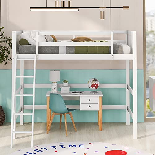 DEYOBED Twin Size Wooden Loft Bed Frame with Ladder - Space-Saving Design for Kids, Teens, and Adults