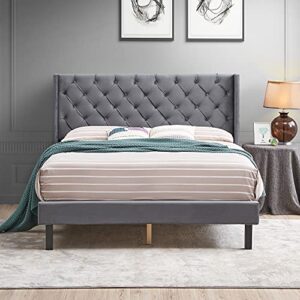 livavege upholstered bed frame queen size with wingback headboard, square stitched button tufted, platform bed queen with solid wood slats support, modern bedframe no box spring needed