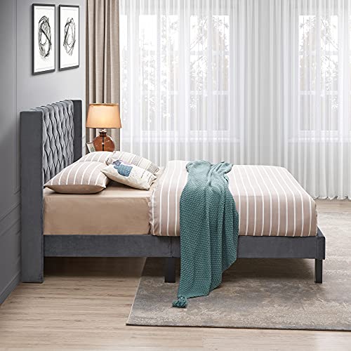 Livavege Upholstered Bed Frame Queen Size with Wingback Headboard, Square Stitched Button Tufted, Platform Bed Queen with Solid Wood Slats Support, Modern Bedframe No Box Spring Needed