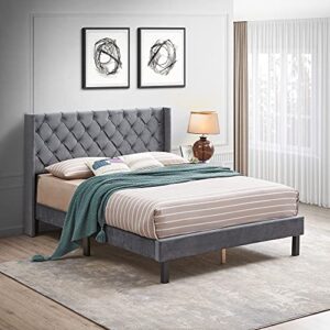 Livavege Upholstered Bed Frame Queen Size with Wingback Headboard, Square Stitched Button Tufted, Platform Bed Queen with Solid Wood Slats Support, Modern Bedframe No Box Spring Needed