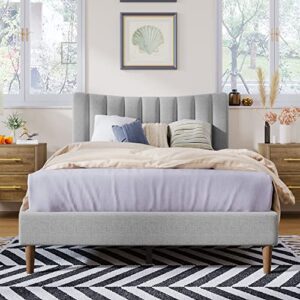 livavege bed frame full size with wingback headboard, upholstered platform bed frame with,solid wood slats support, full bedframes no box spring needed, noise-free