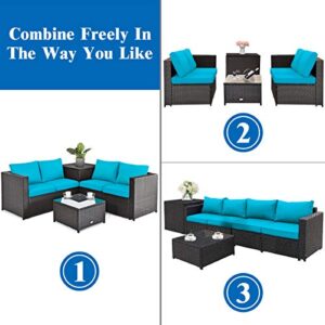 Toolsempire 5 Pieces Wicker Patio Furniture Set, Rattan Sectional Furniture Patio Set with 30" Fire Table, Storage Box & Tempered Glass Tabletop, Fire Pit Table Set for Garden, Backyard(Turquoise)