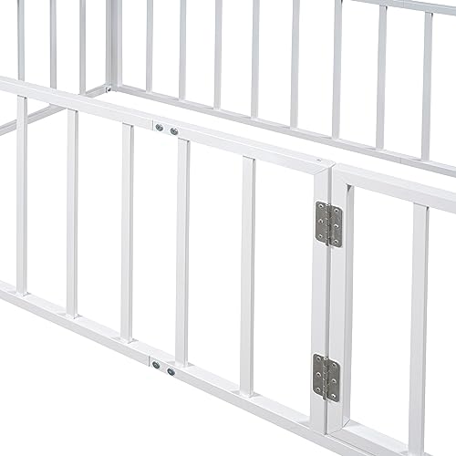 NCKMYB Kids Floor Bed Twin Size, Metal Montessori Bed with Rails and Door, Low Toddler Bed for Boy Girl, White