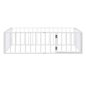 NCKMYB Kids Floor Bed Twin Size, Metal Montessori Bed with Rails and Door, Low Toddler Bed for Boy Girl, White