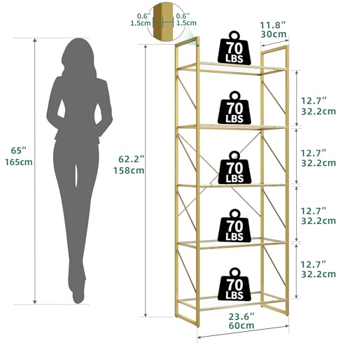 YITAHOME Acrylic Gold Bookshelf, 5 Tiers Modern Open Bookcase, Display Shelf Storage Rack for Bedroom, Living Room, Kitchen, Home Office, Gold&Acrylic