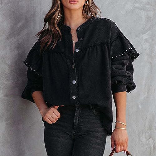 Gerichy Denim Shirt Women Trendy, Denim Shirts for Women Plus Size, Fall Outfits for Women 2023 Trendy, Women's Oversized Denim Jacket Ruffle Sleeve Trendy Denim Shirt Fashion Blouses