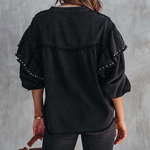 Gerichy Denim Shirt Women Trendy, Denim Shirts for Women Plus Size, Fall Outfits for Women 2023 Trendy, Women's Oversized Denim Jacket Ruffle Sleeve Trendy Denim Shirt Fashion Blouses