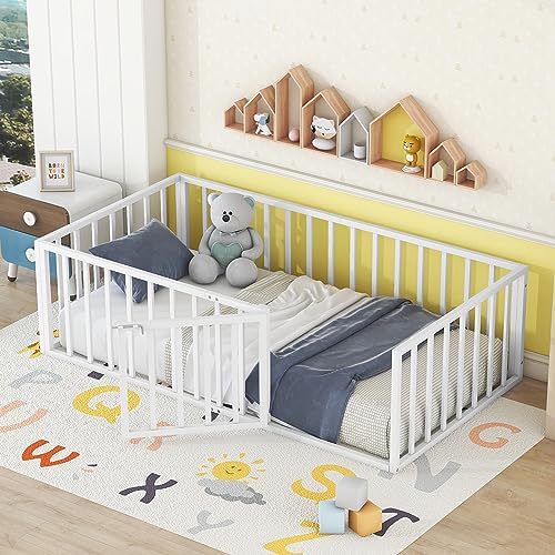 DNYN Twin Size Metal Floor Bed Frame with Door for Kids Bedroom,Metal Struture Bedframe w/Fence,No Box Spring Needed,77" x 41.1"x 21.7"H, White