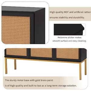 Prohon Large Space 53.9" Accent 3 PE Rattan Decor Doors, Adjustable Shelves & Rebound Device, Sideboard Buffet Cabinet Storage and Solid Wood Feet for Kitchen, Living Room, Entryway, Black