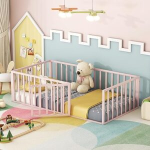 dnyn full size metal floor bed frame with door for kids bedroom,metal struture bedframe w/fence,no box spring needed,77" x 56.1"x 21.7"h, pink