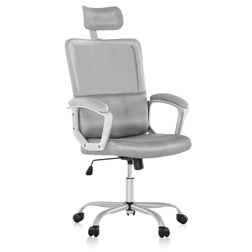 JHK Ergonomic Home Mesh Swivel Rolling Office Desk Computer Chair with Adjustable Headrest, Soft PU Armrest, Lumbar Support and Rocking Function, 18.11" D x 19.49" W x 43.5" H, Grey