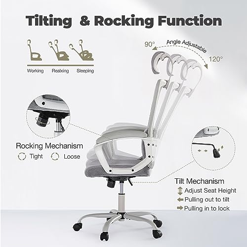 JHK Ergonomic Home Mesh Swivel Rolling Office Desk Computer Chair with Adjustable Headrest, Soft PU Armrest, Lumbar Support and Rocking Function, 18.11" D x 19.49" W x 43.5" H, Grey