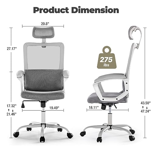 JHK Ergonomic Home Mesh Swivel Rolling Office Desk Computer Chair with Adjustable Headrest, Soft PU Armrest, Lumbar Support and Rocking Function, 18.11" D x 19.49" W x 43.5" H, Grey