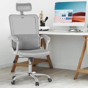JHK Ergonomic Home Mesh Swivel Rolling Office Desk Computer Chair with Adjustable Headrest, Soft PU Armrest, Lumbar Support and Rocking Function, 18.11" D x 19.49" W x 43.5" H, Grey
