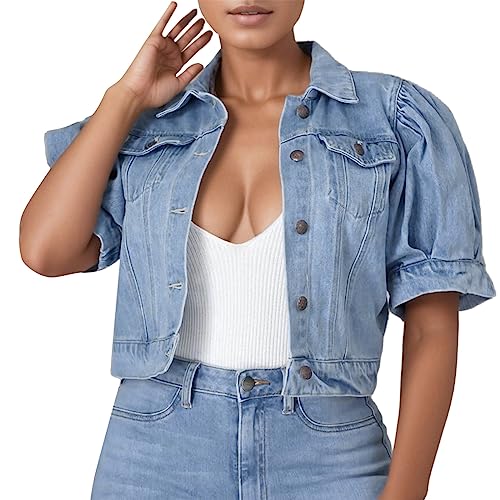 Gerichy Womens Tops, Denim Shirt Women Short, Fall Clothes for Women 2023 Trendy, Women's Oversized Denim Jacket Puff Sleeve Button Down Trendy New Jean Jacket