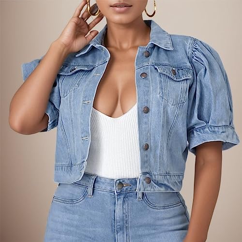 Gerichy Womens Tops, Denim Shirt Women Short, Fall Clothes for Women 2023 Trendy, Women's Oversized Denim Jacket Puff Sleeve Button Down Trendy New Jean Jacket