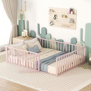 dnyn queen size metal floor bed frame with door for kids bedroom,metal struture bedframe w/fence,no box spring needed,82.5"x 62"x 21.7"h, pink