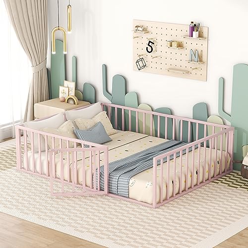 DNYN Queen Size Metal Floor Bed Frame with Door for Kids Bedroom,Metal Struture Bedframe w/Fence,No Box Spring Needed,82.5"x 62"x 21.7"H, Pink