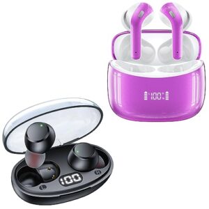 zingbird t62 & x15 purple wireless earbuds ear buds bluetooth headphones with led power display charging case earphones in-ear earbud with microphone for android cell phone gaming pc