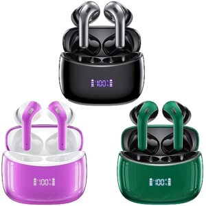 3 sets wireless earbuds bluetooth headphones 60h playtime ear buds with led power display charging case earphones in-ear earbud with microphone for android cell phone gaming black + green + purple