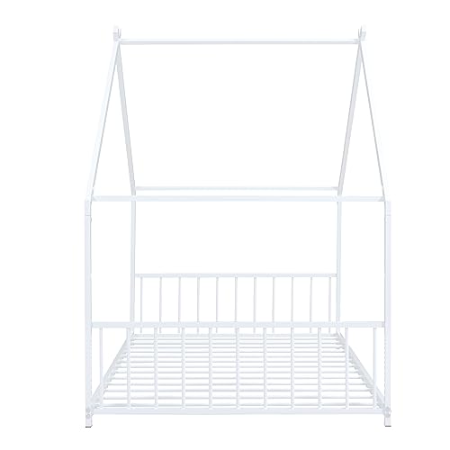 DNYN Twin Size Metal House Bed with Roof Design for Kids Bedroom,Sturdy Steel Bedframe,No Box Spring Needed, White