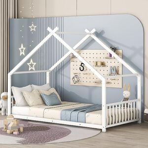 dnyn twin size metal house bed with roof design for kids bedroom,sturdy steel bedframe,no box spring needed, white