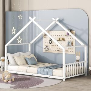 DNYN Twin Size Metal House Bed with Roof Design for Kids Bedroom,Sturdy Steel Bedframe,No Box Spring Needed, White