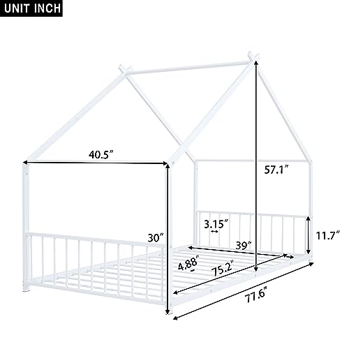 DNYN Twin Size Metal House Bed with Roof Design for Kids Bedroom,Sturdy Steel Bedframe,No Box Spring Needed, White