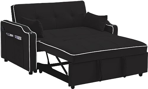 3 in 1 Convertible Pull Out Sleeper Sofa Bed,Multi-Functional Adjustable Loveseat Futon Sofá Chair with USB Ports and Cup Holders,Velvet Upholstered Small Love Seat Lounge Recliner 2-Seat Couch