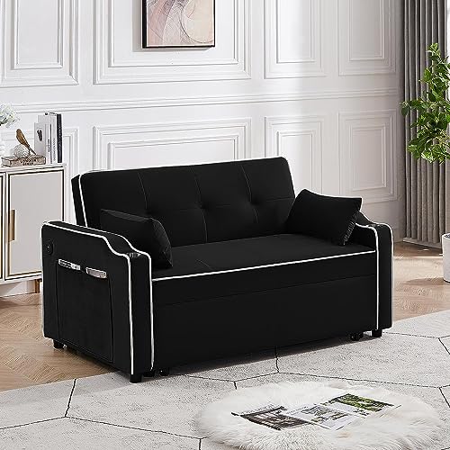 3 in 1 Convertible Pull Out Sleeper Sofa Bed,Multi-Functional Adjustable Loveseat Futon Sofá Chair with USB Ports and Cup Holders,Velvet Upholstered Small Love Seat Lounge Recliner 2-Seat Couch