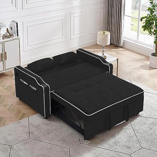 3 in 1 Convertible Pull Out Sleeper Sofa Bed,Multi-Functional Adjustable Loveseat Futon Sofá Chair with USB Ports and Cup Holders,Velvet Upholstered Small Love Seat Lounge Recliner 2-Seat Couch