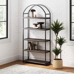 nathan james haven etagere bookshelf, 5-shelf bookcase in nutmeg wood and black metal frame with arch top and open shelves, nutmeg/black