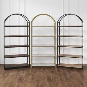 Nathan James Haven Etagere Bookshelf, 5-Shelf Bookcase in Nutmeg Wood and Black Metal Frame with Arch Top and Open Shelves, Nutmeg/Black