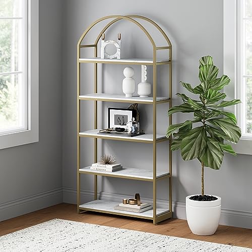 Nathan James Haven Etagere Bookshelf, 5-Shelf Faux Marble Bookcase in White Faux Marble Finish and Gold Metal Frame with Arch Top and Open Shelves, White/Gold