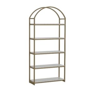 Nathan James Haven Etagere Bookshelf, 5-Shelf Faux Marble Bookcase in White Faux Marble Finish and Gold Metal Frame with Arch Top and Open Shelves, White/Gold