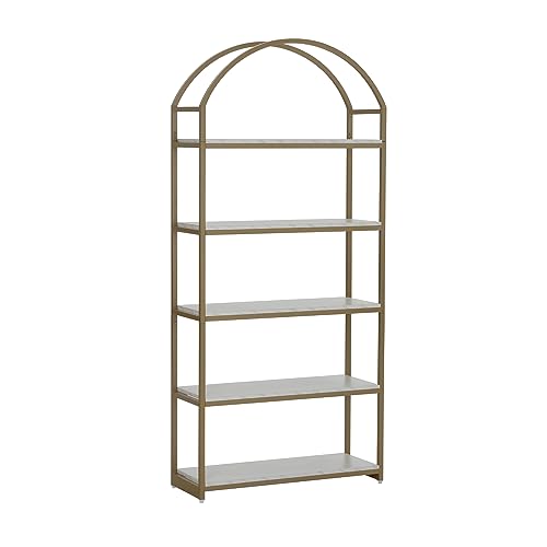 Nathan James Haven Etagere Bookshelf, 5-Shelf Faux Marble Bookcase in White Faux Marble Finish and Gold Metal Frame with Arch Top and Open Shelves, White/Gold