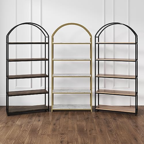 Nathan James Haven Etagere Bookshelf, 5-Shelf Faux Marble Bookcase in White Faux Marble Finish and Gold Metal Frame with Arch Top and Open Shelves, White/Gold