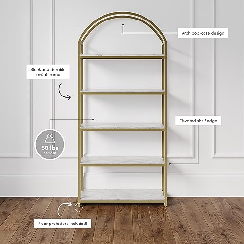 Nathan James Haven Etagere Bookshelf, 5-Shelf Faux Marble Bookcase in White Faux Marble Finish and Gold Metal Frame with Arch Top and Open Shelves, White/Gold