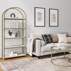 Nathan James Haven Etagere Bookshelf, 5-Shelf Faux Marble Bookcase in White Faux Marble Finish and Gold Metal Frame with Arch Top and Open Shelves, White/Gold