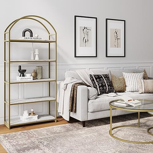 Nathan James Haven Etagere Bookshelf, 5-Shelf Faux Marble Bookcase in White Faux Marble Finish and Gold Metal Frame with Arch Top and Open Shelves, White/Gold