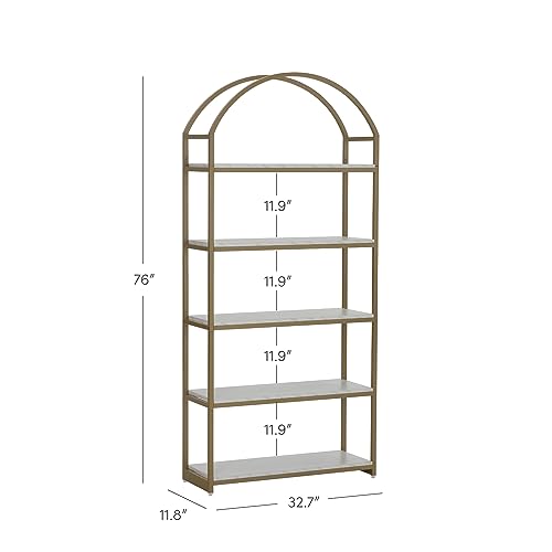 Nathan James Haven Etagere Bookshelf, 5-Shelf Faux Marble Bookcase in White Faux Marble Finish and Gold Metal Frame with Arch Top and Open Shelves, White/Gold