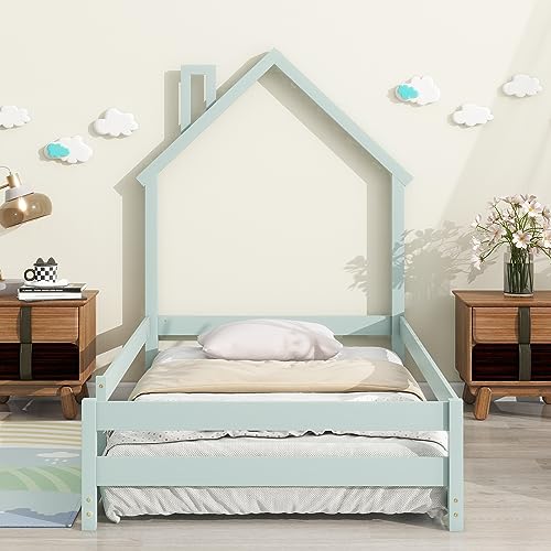 SIYSNKSI Twin Size Platform Bed, Wooden Platform Bed Frame with House-Shaped Headboard, Floor Bed with Fences for Kids Boys Girls Bedroom, Easy Assembly (Light Green + Pine 04)