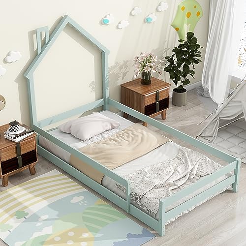 SIYSNKSI Twin Size Platform Bed, Wooden Platform Bed Frame with House-Shaped Headboard, Floor Bed with Fences for Kids Boys Girls Bedroom, Easy Assembly (Light Green + Pine 04)