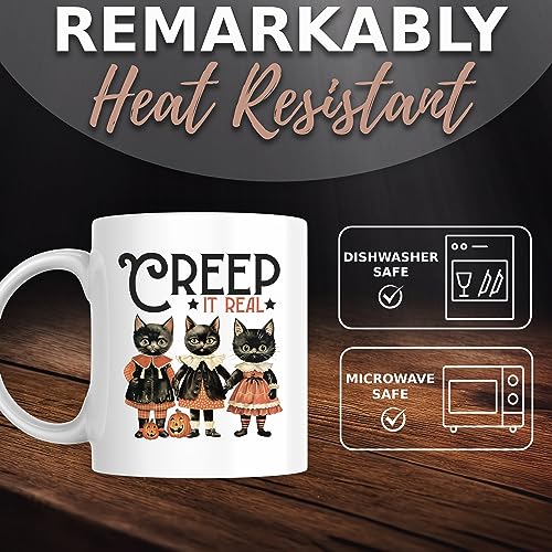 Ad Astra Graphics Creep It Real 11 Ounce Coffee Mug - Premium Quality Coffee Cup - Halloween Themed Black Cats Spooky - Imported and Printed In The USA - CFAAG0033