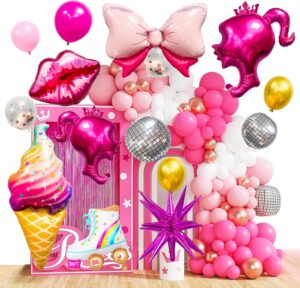 130pcs hot pink girls balloons garland arch kit birthday party supplies, pink princess party theme decoration, suitable for barbie theme party girls birthday balloon set