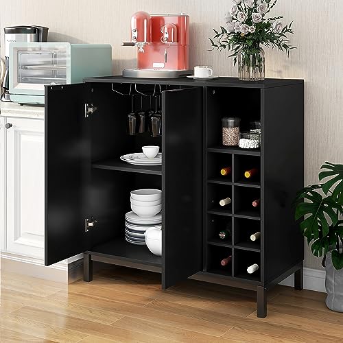 Ufyerutg Designs Bar Cabinets, Sideboards and Buffets with Storage Coffee Bar Cabinet, Wine Racks Storage Server Dining Room Console (Black, 34 Inch)