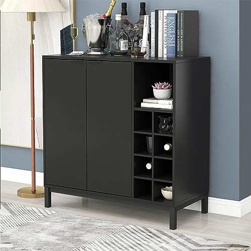 Ufyerutg Designs Bar Cabinets, Sideboards and Buffets with Storage Coffee Bar Cabinet, Wine Racks Storage Server Dining Room Console (Black, 34 Inch)